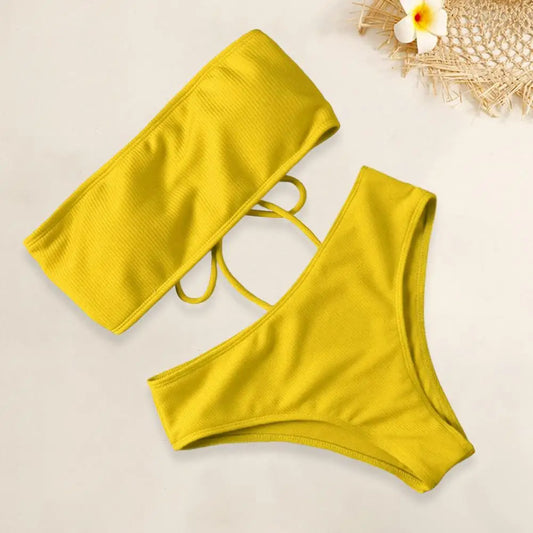 Costume da bagno da donna con imbottitura sul seno, senza ferretto, vita alta, due pezzi, fascia, slip da bagno, bikini diviso, abbigliamento da spiaggia 80%