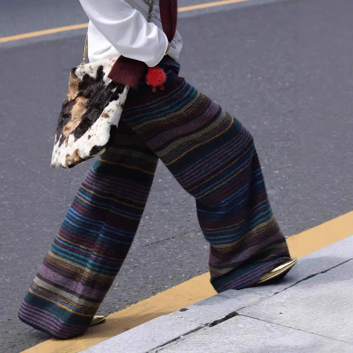 Pantaloni lunghi da donna a righe retrò con cuciture a contrasto, perfetti per l'autunno e l'inverno, nuovi pantaloni casual in lana dalla vestibilità ampia.