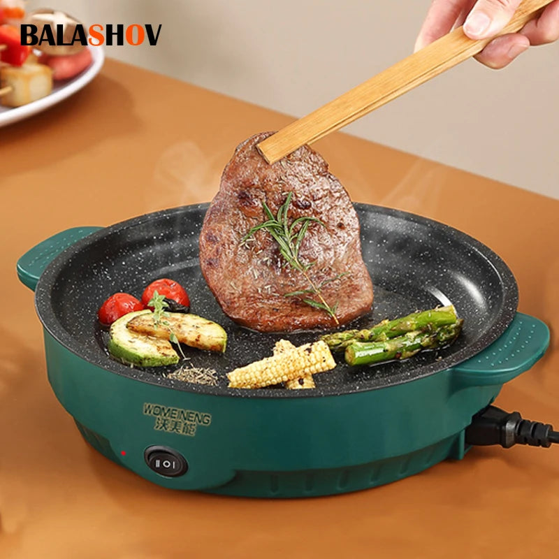 Padella elettrica multicooker 220V per uso domestico, barbecue, frittura di pesce, bistecca, padella antiaderente, macchina per cucinare