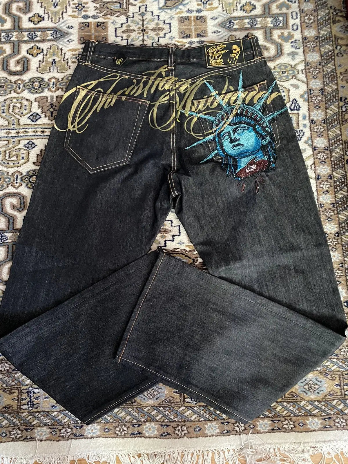 American High Street Embroidered Jeans Angel Wings Sticky Diamond Hot Girl Women Jeans Harajuku Y2k Straight Leg Goth Pants