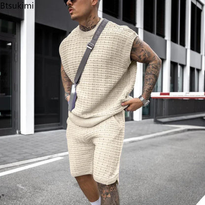 Nuovi completi casual da uomo 2026 a due pezzi per l'estate, con maglietta senza maniche tinta unita e pantaloncini, set da tuta streetwear da uomo.