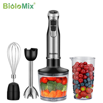 Frullatore a immersione BioloMix 4 in 1 ad alta potenza da 1200 W, con tritatutto e bicchiere per frullati, lame per ghiaccio in acciaio inossidabile
