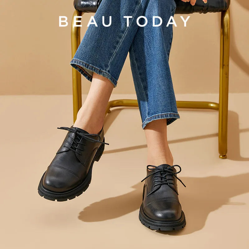 BEAUTODAY Scarpe Derby da donna in vera pelle, basse, punta tonda, allacciatura, tacco quadrato, casual, Oxford, fatte a mano 21529