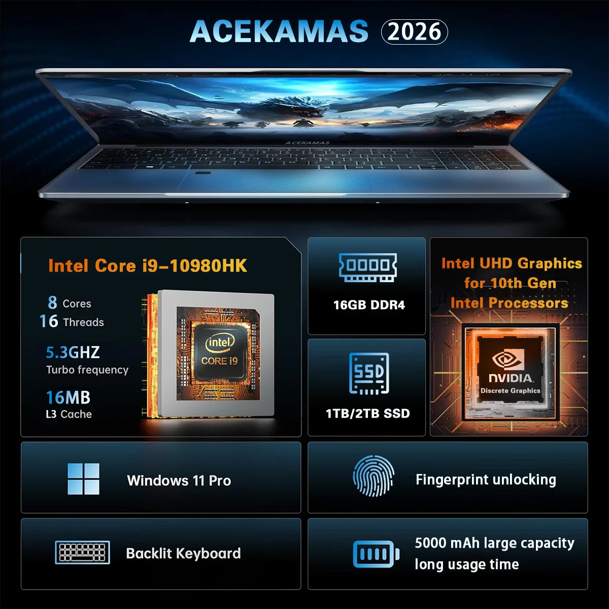 2026 ACEKAMAS Laptop da gioco da 15,6" Intel Core i9 10980HK IPS 4K Computer da gioco 16GB DDR4 1TB SSD M.2 Windows 11 Pro Notebook PC