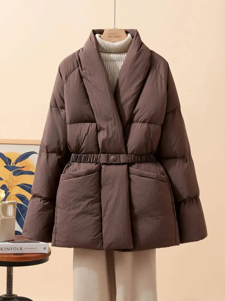 Nuovo cappotto invernale da donna in cotone, caldo, tinta unita, con scollo a V, vita arricciata, parka con cintura.