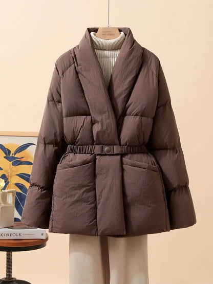 Nuovo cappotto invernale da donna in cotone, caldo, tinta unita, con scollo a V, vita arricciata, parka con cintura.