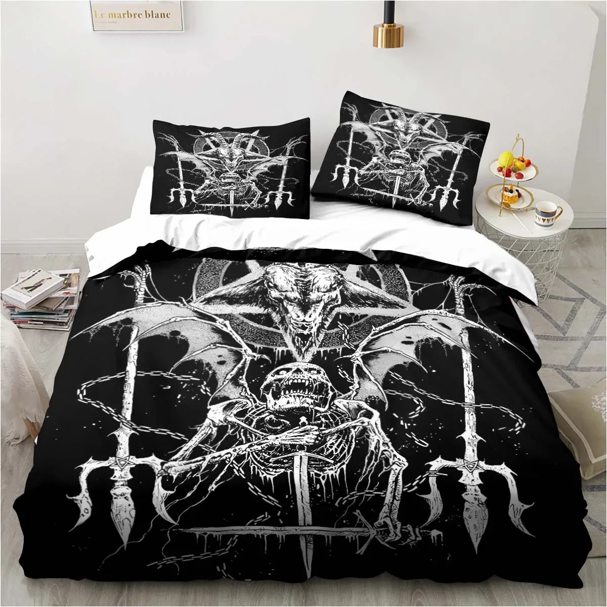 Biancheria da letto satanica, biancheria da letto per letto singolo con tema demoniaco, set inferno e morte, set copripiumino da 3 pezzi, copripiumino matrimoniale king size, tessuti per la casa.