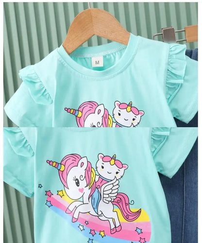 Completo estivo per bambine 2024, composto da maglietta a maniche corte con stampa a cartoni animati e pantaloni da cowboy, per neonate da 0 a 4 anni.