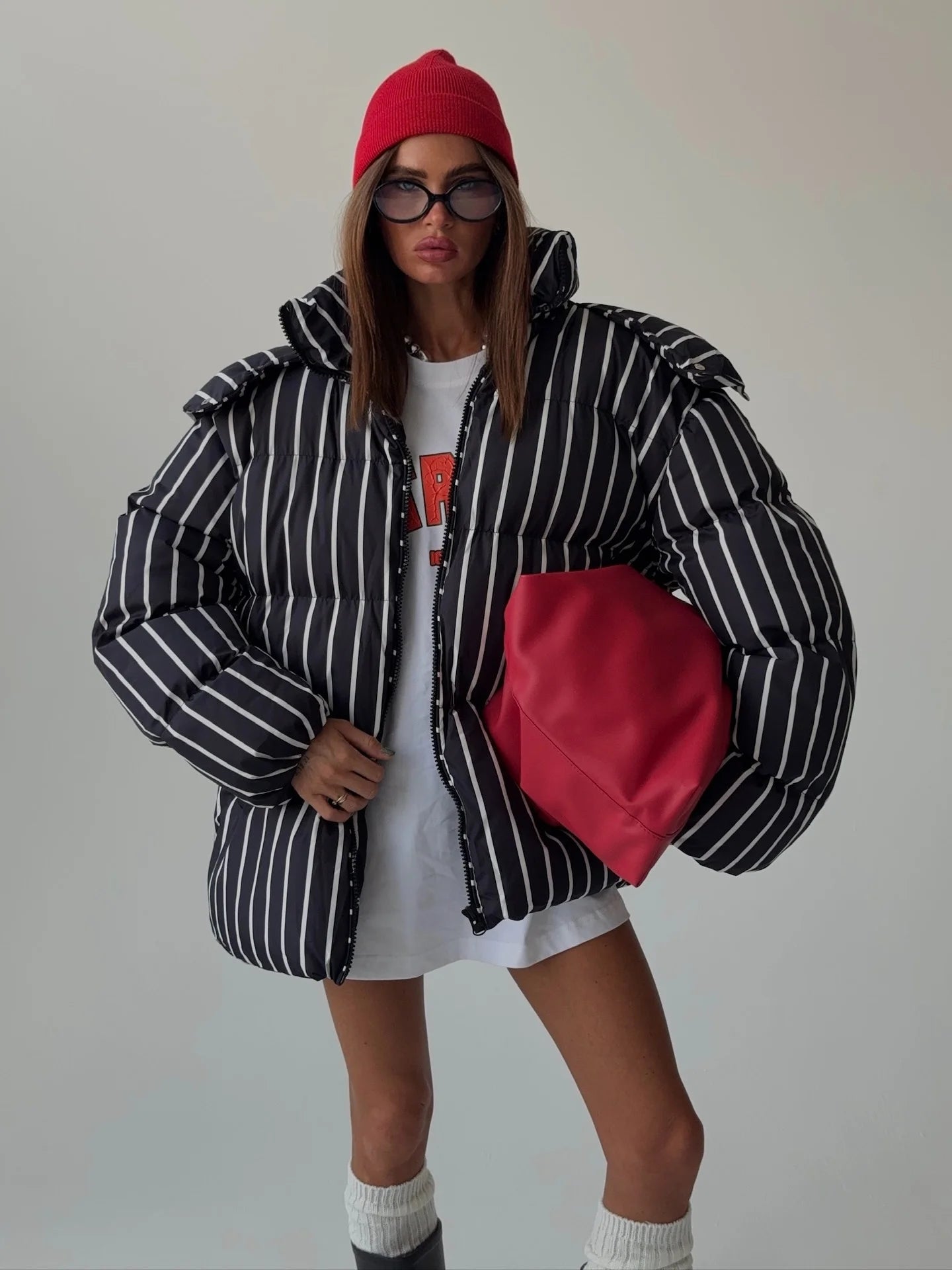 Casual Striped Loose Coat Women Full Sleeve Zippers Stand Collar Thicken Jackets Female 2025 Street Autumn Winter Lady Outwears