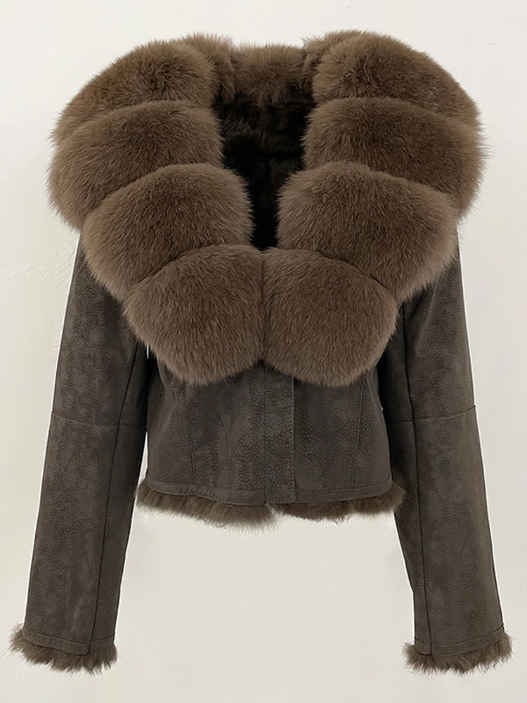 OFTBUY Cappotto corto alla moda con collo in pelliccia di volpe naturale da donna, nuovo abbigliamento autunnale e invernale in pelliccia, giacca in vera pelliccia di coniglio con fodera in pelle scamosciata da donna