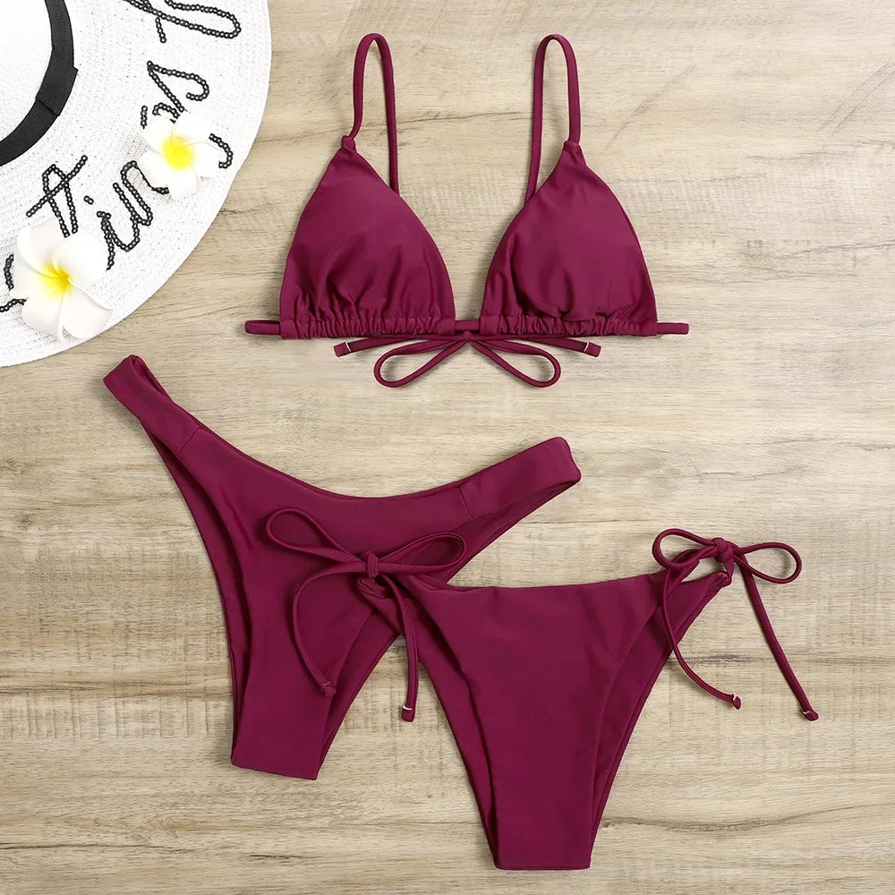 Sexy set bikini a 3 pezzi da donna, tinta unita blu e viola, push-up, a triangolo, costume da bagno brasiliano da spiaggia, costume da bagno bikini
