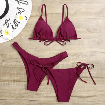 Sexy set bikini a 3 pezzi da donna, tinta unita blu e viola, push-up, a triangolo, costume da bagno brasiliano da spiaggia, costume da bagno bikini