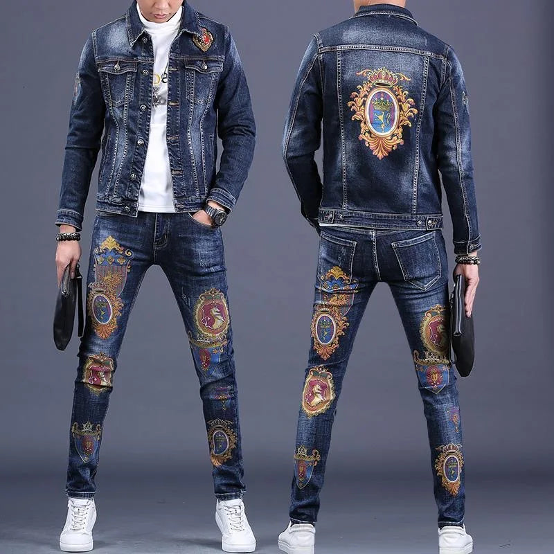Completo in denim da uomo Primavera/Autunno 2025, Pantaloni slim alla moda da uomo, Giacca casual da uomo