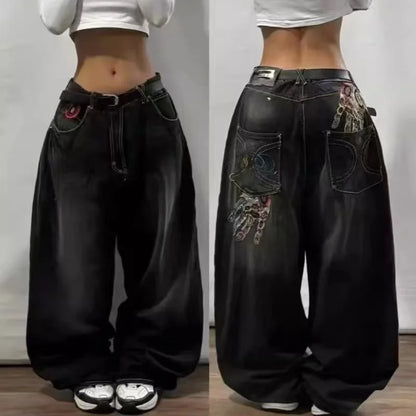 2024 Nuova tendenza americana 2024 Jeans larghi con ricamo hip-hop retrò per uomo e donna Y2K Harajuku Gothic Streetwear