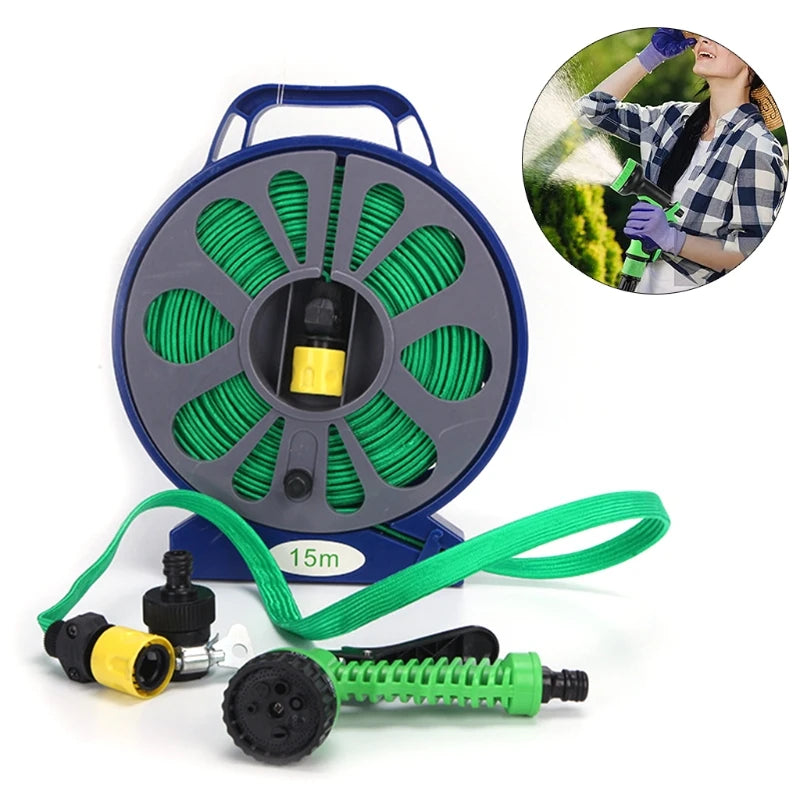 Foldable 590 inch Garden Outdoor Hose and Reel with Nozzle for Plant Watering G5AB