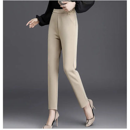 Pantaloni casual da donna a gamba dritta, vestibilità comoda ed elasticizzata, colore versatile, pantaloni da donna elasticizzati a metà polpaccio.