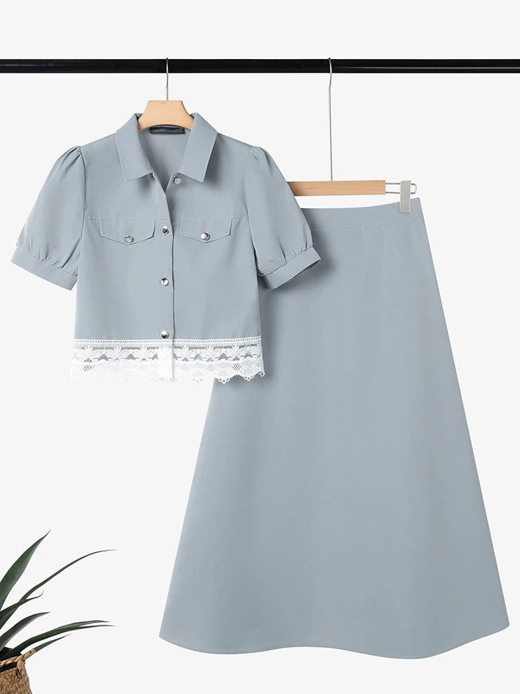 ZANZEA Elegant Lace Dress Sets Women Short Sleeve Shirts and Long Skirts Casual 2 Piece Outfits Korean Loose Streetwear 2PCS