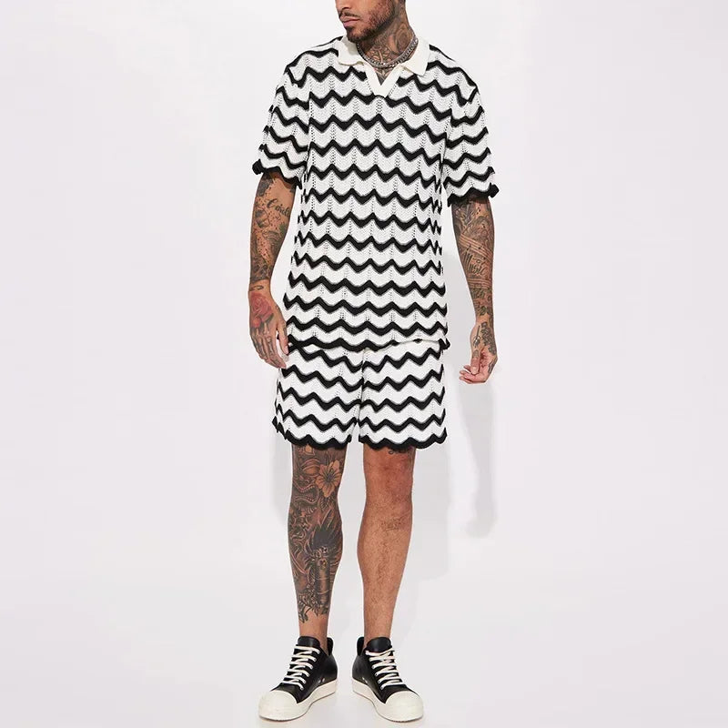 Completo estivo da uomo 2023, nuovo set composto da camicia e pantaloncini in maglia con stampa alla moda, due pezzi, abbigliamento sportivo e casual da uomo.