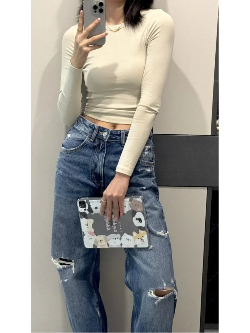 ETJ 2025  Spring new women's 1975 series high-waisted curved silhouette all cotton old ripped detail wide leg jeans