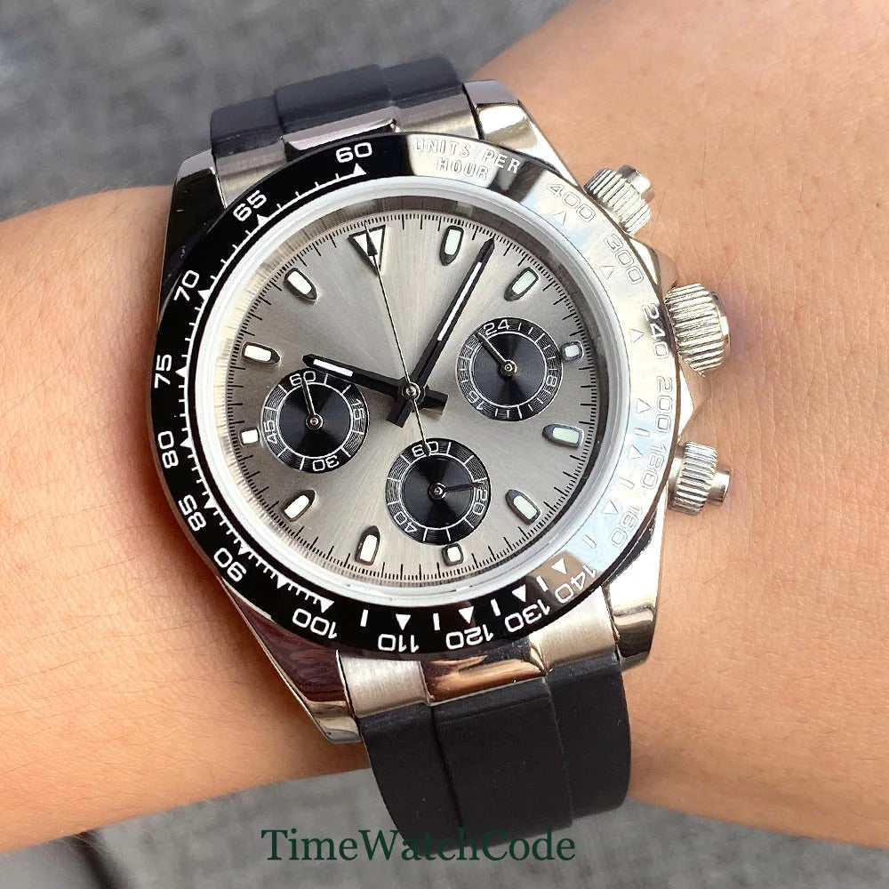 Orologio cronometro Tandorio da uomo, 39 mm, movimento al quarzo VK63, quadrante grigio, vetro zaffiro, cronografo completo, bracciale in acciaio inossidabile 316L, cinturino in gomma.