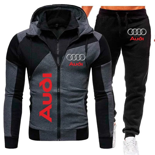 Tuta sportiva con logo Audi, set di 2 pezzi in pile caldo, felpa con cappuccio + pantaloni, tuta sportiva Audi da uomo