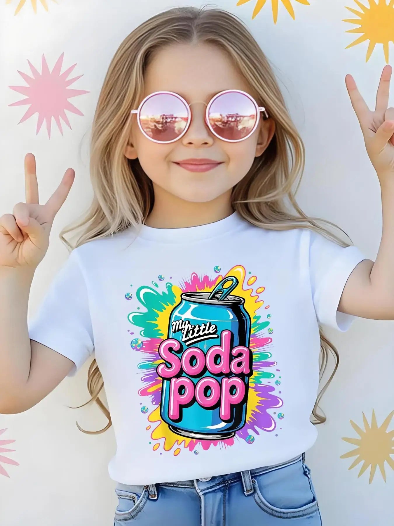 Abbigliamento per bambini Maglietta a maniche corte da bambina 2026 Nuovo stile Stampa motivo bibita gassata 1 pezzo Abbigliamento sportivo casual per bambini Maglietta a maniche corte K-Pop Girl Stampa lattina di cola Abbigliamento versatile per casa