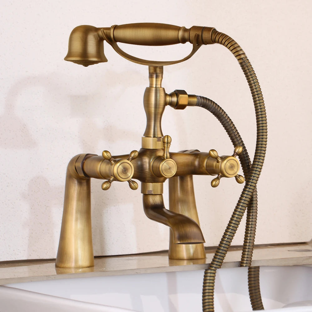 JIENI Bathtub Shower Faucet 2 Handles Telephone Style Faucets  Multiple Style Deck Mounted Hot Cold Tap W/ Handheld Showerhead
