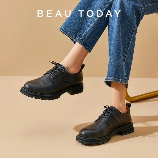 BEAUTODAY Scarpe Derby da donna in vera pelle, basse, punta tonda, allacciatura, tacco quadrato, casual, Oxford, fatte a mano 21529