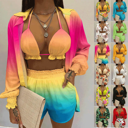 Three Pieces Swimwear Sexy Beachwear 2024 New Bathing Suit Shorts Cover Up Summer High Waist Bikini Set Print Women's Swimsuit