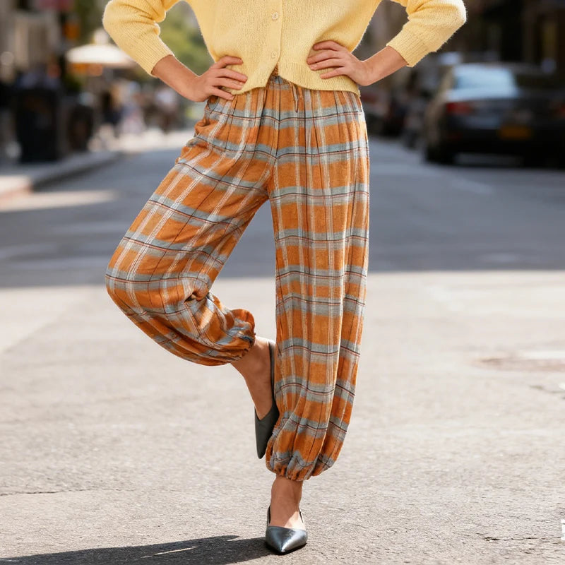 Trendy Plaid Lantern Drawstring Casual Pants Loose Fit With Drawstring Versatile Womens Everyday Workwear Pants Trafizaran