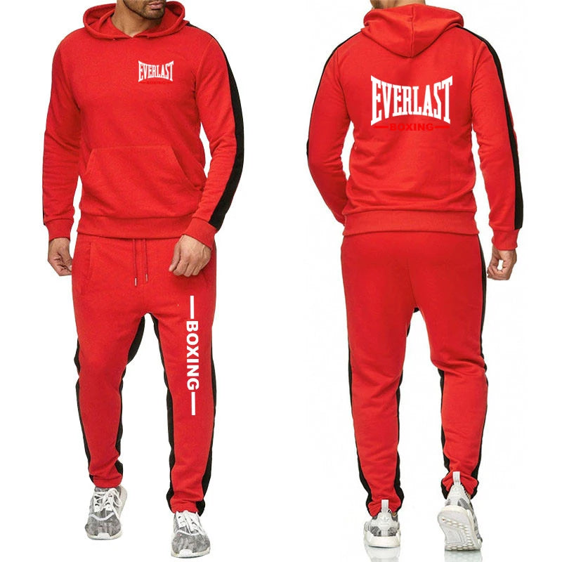 Completo sportivo casual da uomo Everlast 2025, tinta unita, due pezzi, ideale per attività all'aperto: pantaloni della tuta e felpa con cappuccio. Moda e comfort.