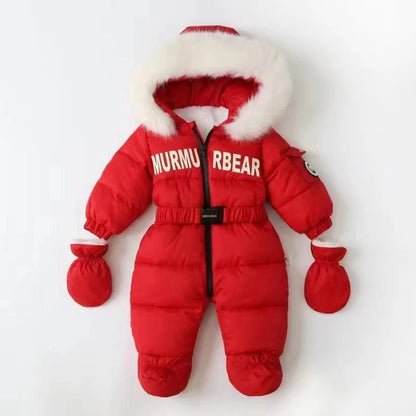 Tutina invernale per neonati, abbigliamento per neonati imbottito, tutina calda in velluto con guanti e cappuccio, tuta da neve per neonati.