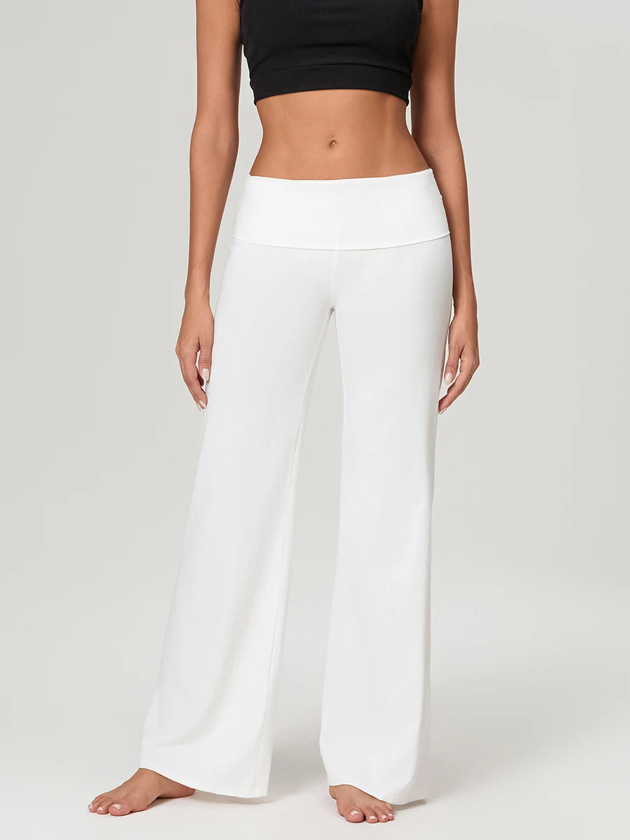 Pantaloni larghi casual da donna, pantaloni della tuta a gamba larga tinta unita, pantaloni da yoga a zampa con risvolto, pantaloni da relax a vita bassa.