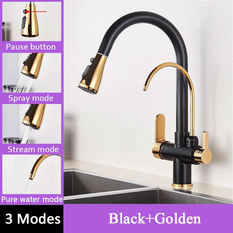 Black Filtered Faucet Brass Purifier Kitchen Faucet Dual Handle Drinking Water Vessel Sink Mixer Tap Torneira for Kitchen
