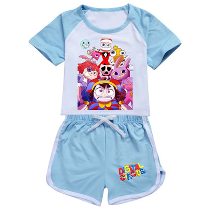 Abbigliamento per ragazzi: fantastico pigiama estivo digitale a tema circo con maglietta a maniche corte in cotone e pantaloncini, costume sportivo per ragazze 2896
