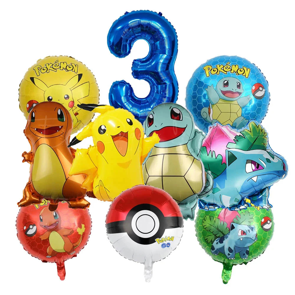 10 palloncini a tema cartoni animati per feste, tra cui Pikachu, il piccolo drago di fuoco, Jenny e la tartaruga, decorazioni per feste di compleanno per bambini e regali.