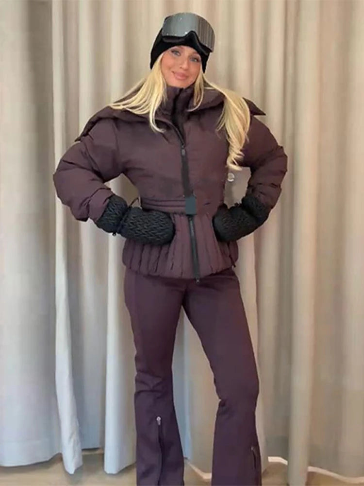 Women Hooded Tie-Waist Ski Suit Pink Flared Leg Fur Trim Water-Resistant Fabric 2025 Winter Outerwear Fashion Sweet Snow Suit