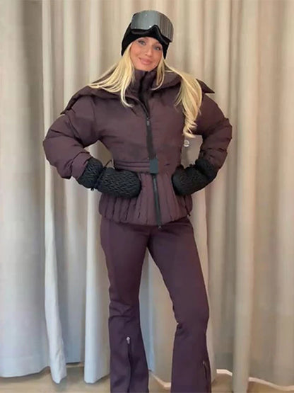 Women Hooded Tie-Waist Ski Suit Pink Flared Leg Fur Trim Water-Resistant Fabric 2025 Winter Outerwear Fashion Sweet Snow Suit