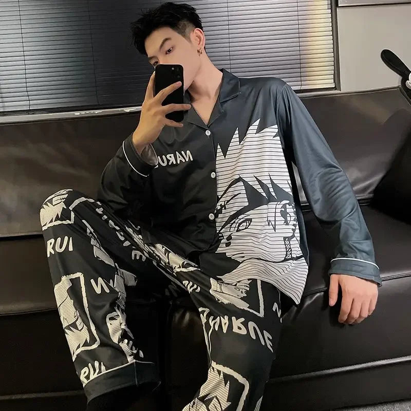 Pigiama Naruto Pain da uomo, set anime in seta satinata, pigiama con colletto risvoltato, maniche lunghe, abbigliamento da notte maschile, set da 2 pezzi, cardigan, abbigliamento per la casa