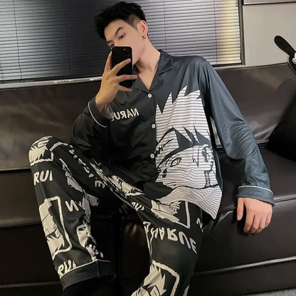 Pigiama Naruto Pain da uomo, set anime in seta satinata, pigiama con colletto risvoltato, maniche lunghe, abbigliamento da notte maschile, set da 2 pezzi, cardigan, abbigliamento per la casa