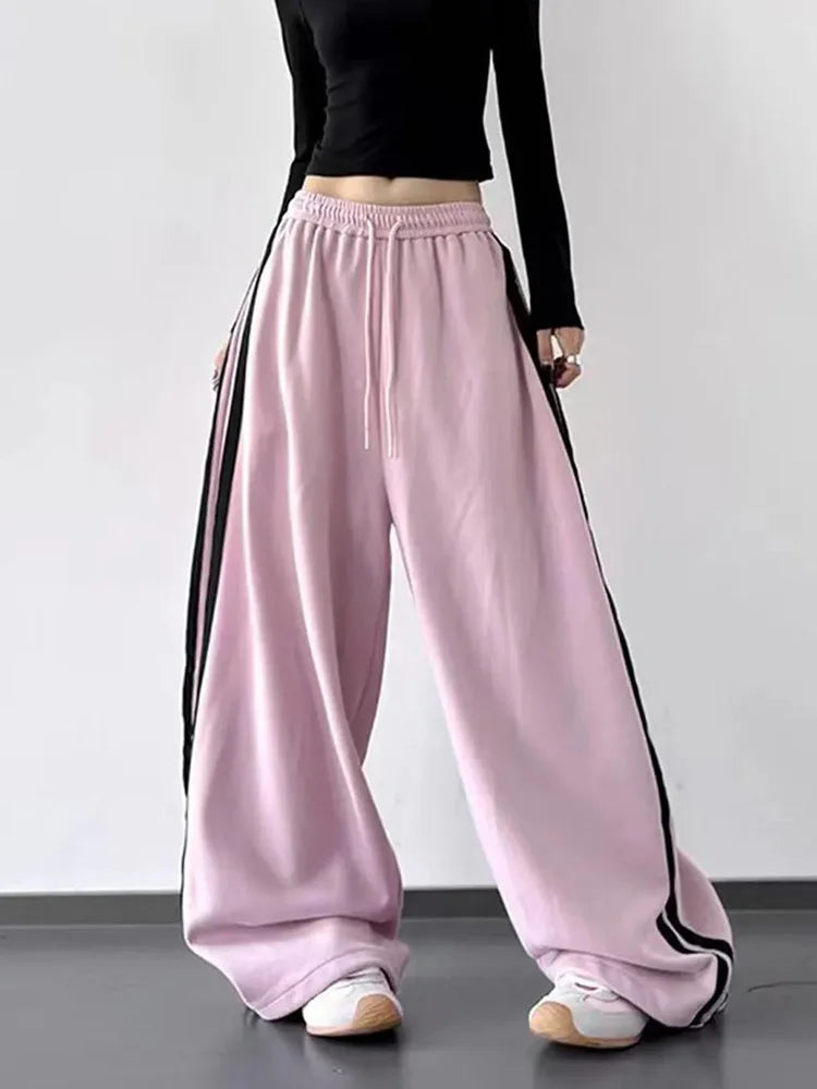 Y2K Vintage Striped Sweatpants Women Streetwear American Hip Hop Loose Pants Retro High Waist Casual Lace Up Spring Bf Trousers