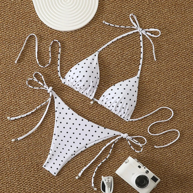 Set di micro bikini sexy con stampa a pois e perle, costume da bagno 2026, abbigliamento da spiaggia per donna, bikini estivo da spiaggia, costume da bagno a due pezzi