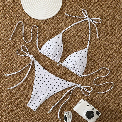 Set di micro bikini sexy con stampa a pois e perle, costume da bagno 2026, abbigliamento da spiaggia per donna, bikini estivo da spiaggia, costume da bagno a due pezzi