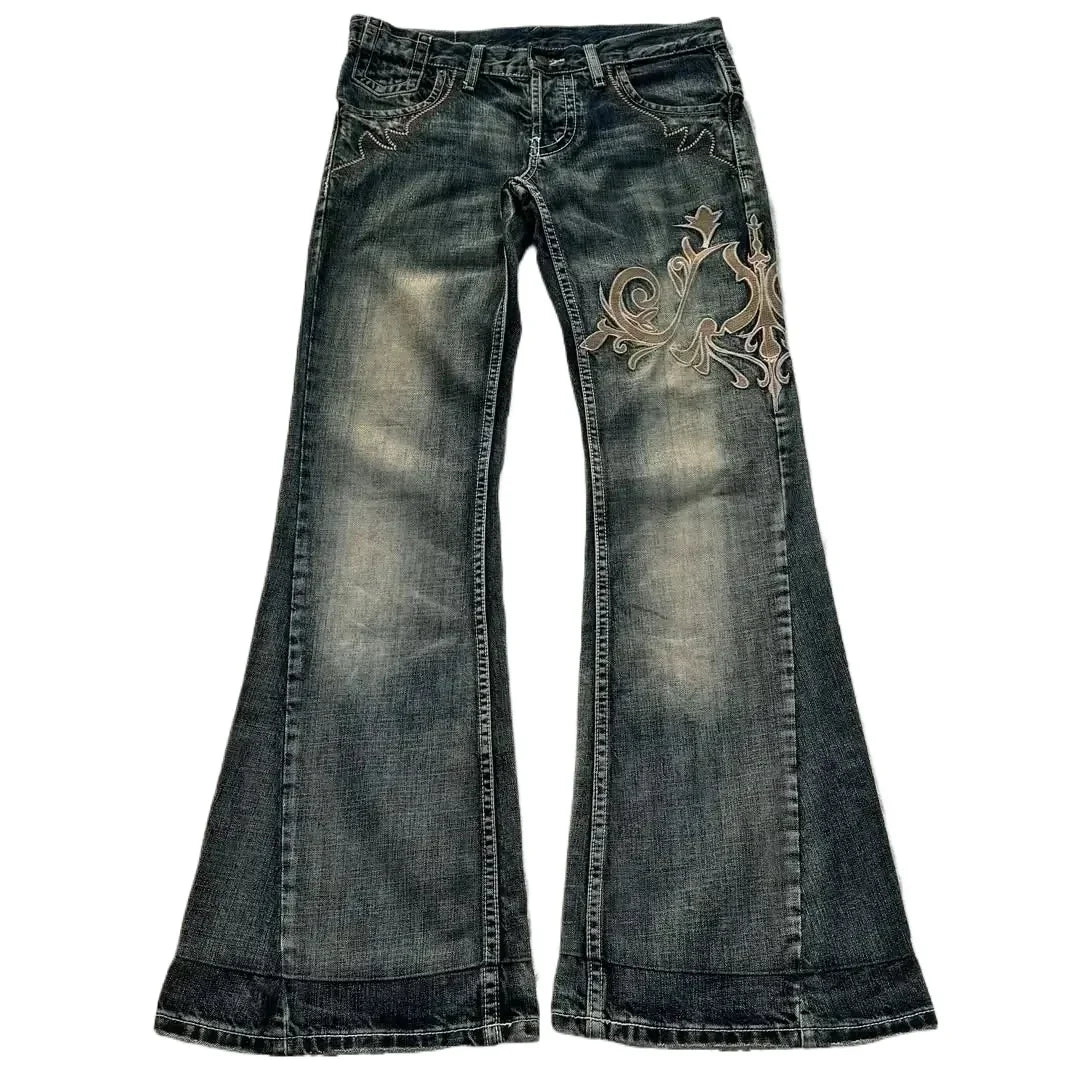 Y2K new American retro embroidery pattern women horn -shaped jeans street fashion Gothic slim mop pants women jeans