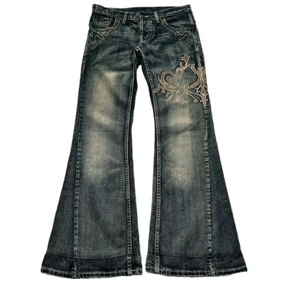 Jeans da donna Y2K con ricamo retrò americano, modello a corno, street fashion, pantaloni slim gotici, jeans da donna