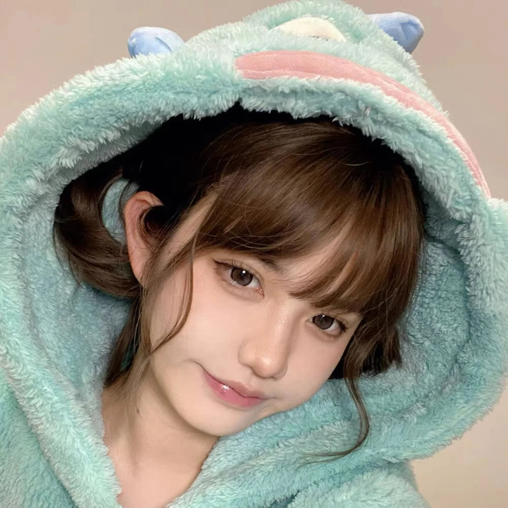 Kawaii Hangyodon Plush Siamese Pajamas Hooded Jumpsuit Pajamas Sanrioed Anime Cartoon Coral Velvet Homewear Thickened Nightgown