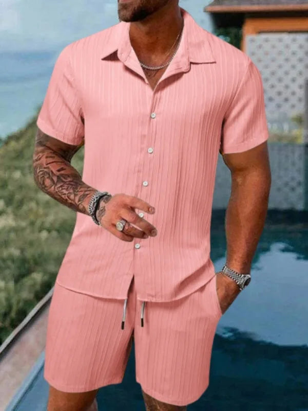 Completo estivo da uomo europeo e americano, casual, ampio, con camicia e pantaloncini, ad asciugatura rapida e traspirante, perfetto per le vacanze.