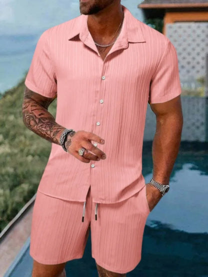 Completo estivo da uomo europeo e americano, casual, ampio, con camicia e pantaloncini, ad asciugatura rapida e traspirante, perfetto per le vacanze.