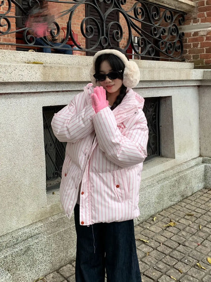 Overcoat 2025 Parkas Fashion Temperament Striped Warm Hooded Women's Quilted Cotton Coat Winter Loose Casual Women Cotton Coat