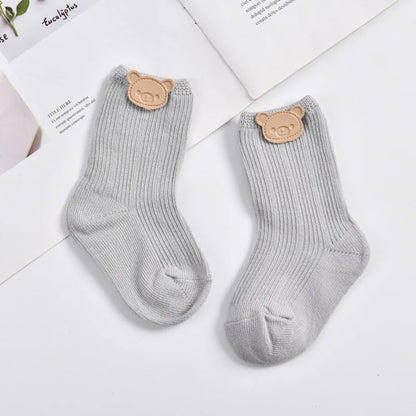 Calzini per neonati con orsetto, caldi per le gambe, autunnali, lunghi, in cotone morbido, tinta unita, primi passi, calzatura per neonati.